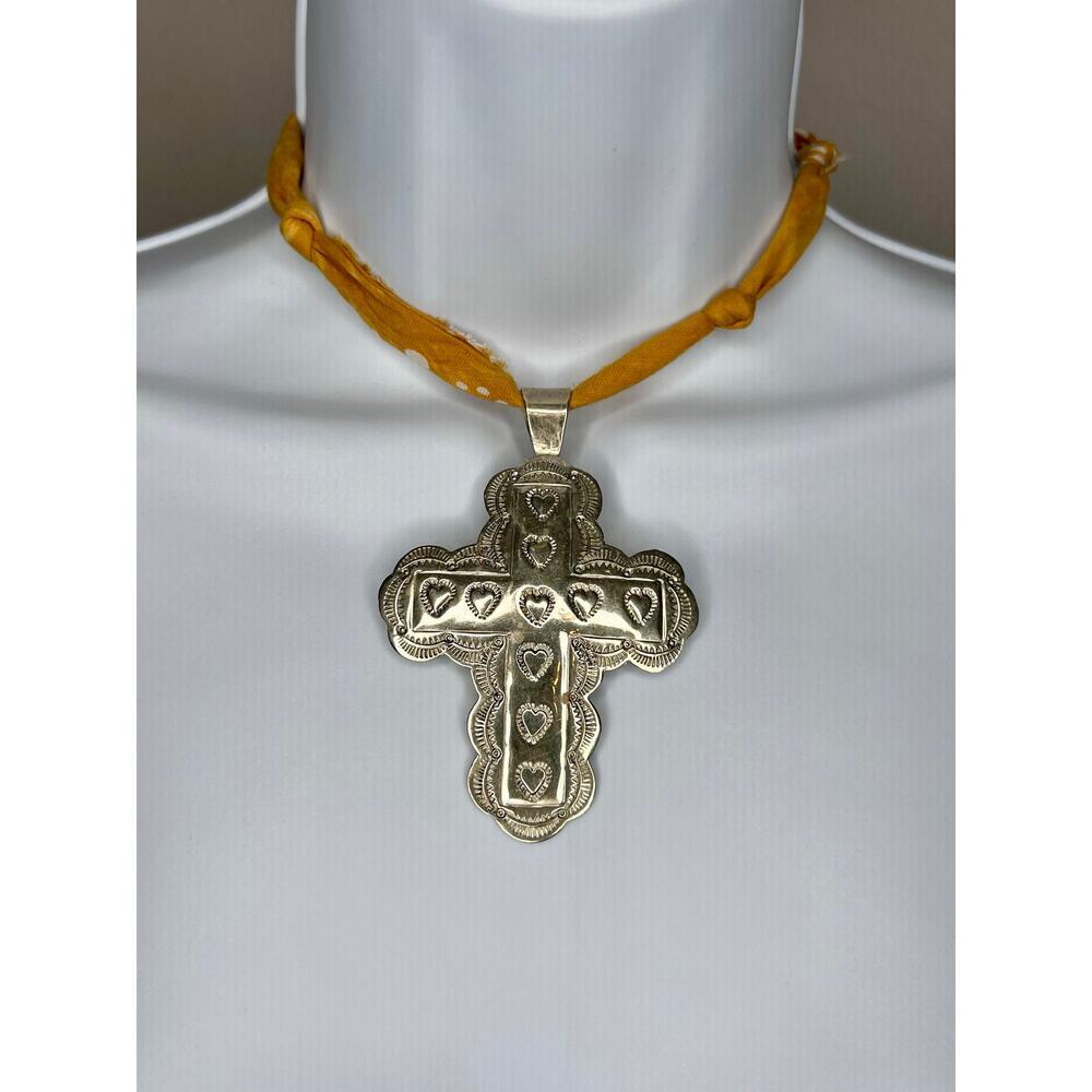 Mexican Metal Cross Bandana Necklace Heart Cross Pendant Boho Western